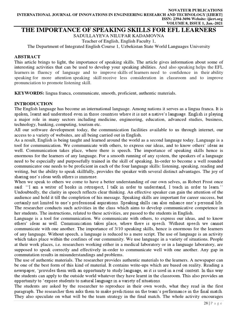 Importance of Speaking Skills for EFL Learners | PDF | English As A ...