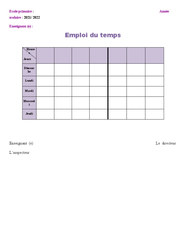 Emploi du temps scolaire vierge à imprimer | PDF