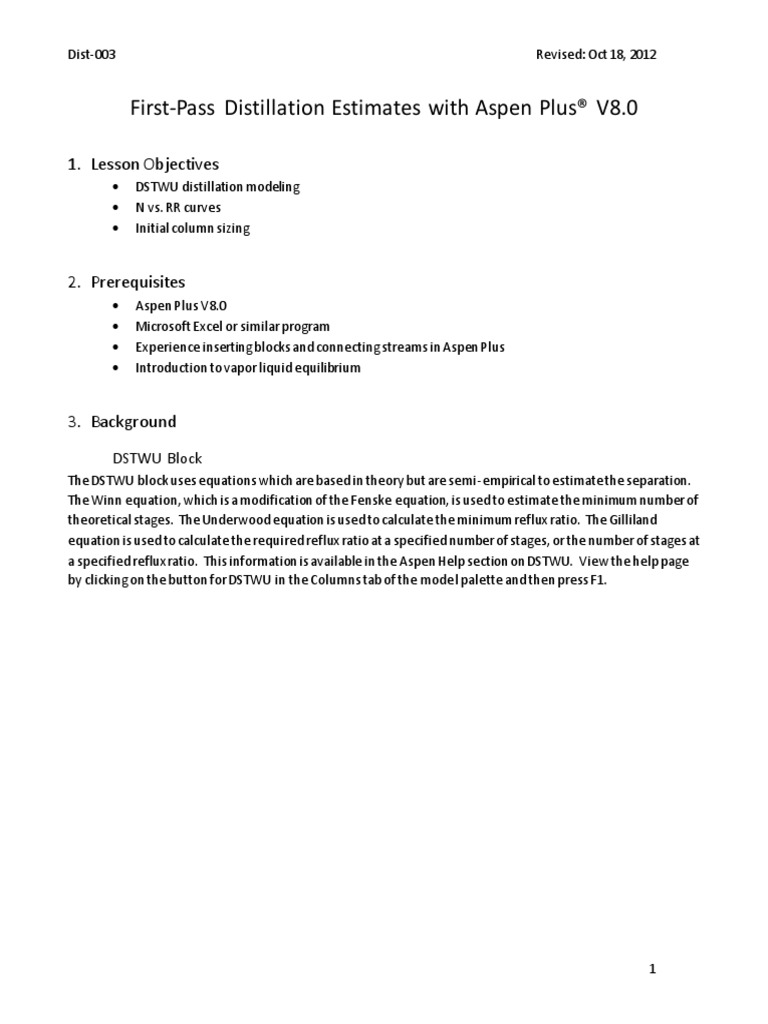 DSTWU - A Shortcut Distillation Model in Aspen Plus V8.0 | PDF ...
