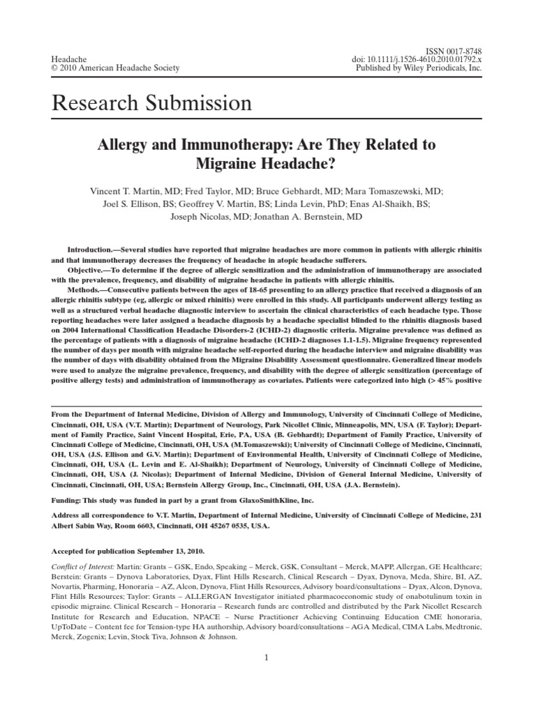 Allergy and Immunotherapy Are They Related To Migraine Headache | PDF ...