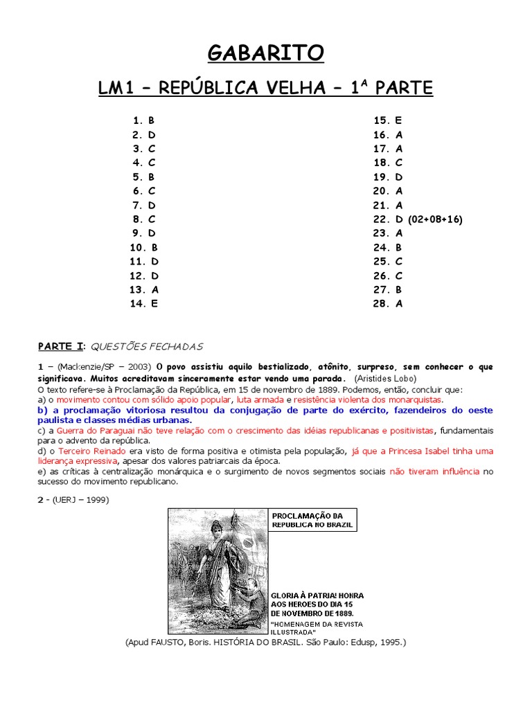 Gabarito de Questões sobre República Velha | PDF | República | Brasil