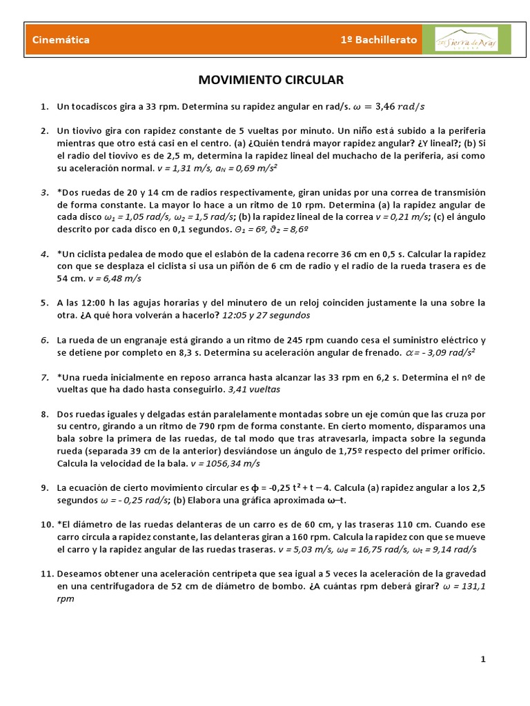 Actividades Cinemática 1º Bachillerato FYQ (MCU y Movimiento Armónico ...