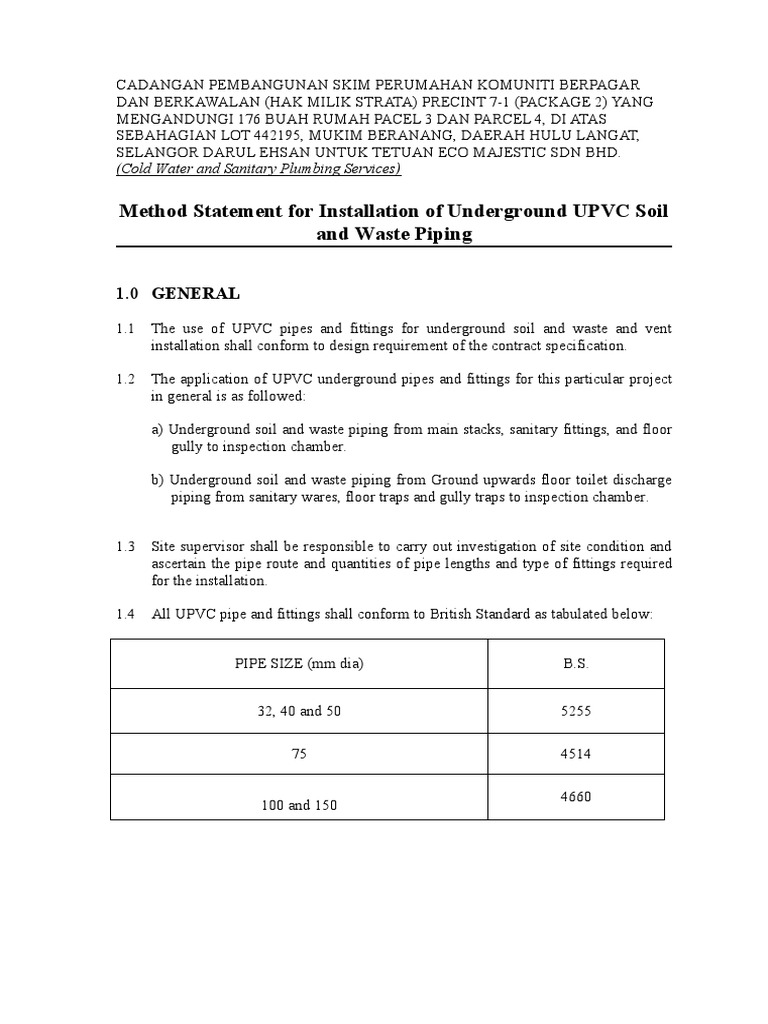 Method Statement for Installation of Underground UPVC Soil and Waste