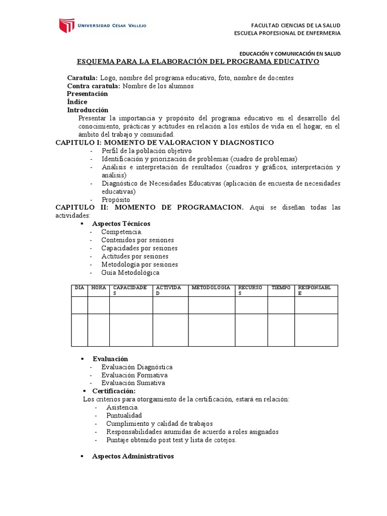 Esquema para Programa Educativo en Salud | PDF | Evaluación | Gestión ...