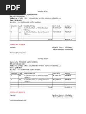 DELIVERY RECEIPT form