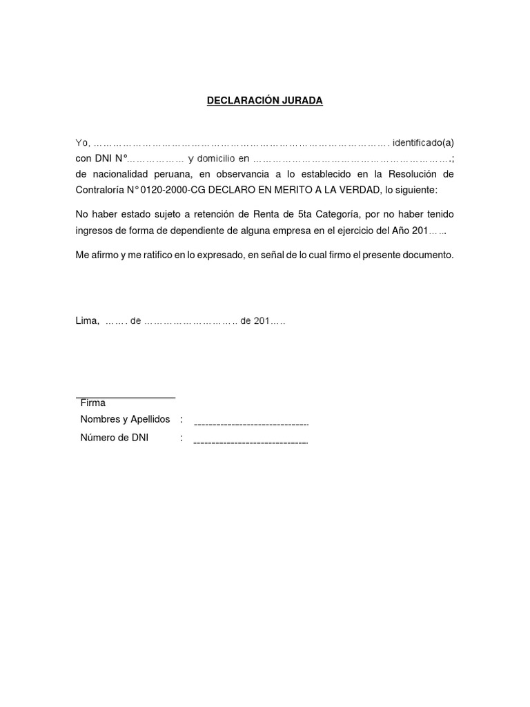 Declaración Jurada de No Haber Tenido Ingresos Que Generen Renta de 5ta ...