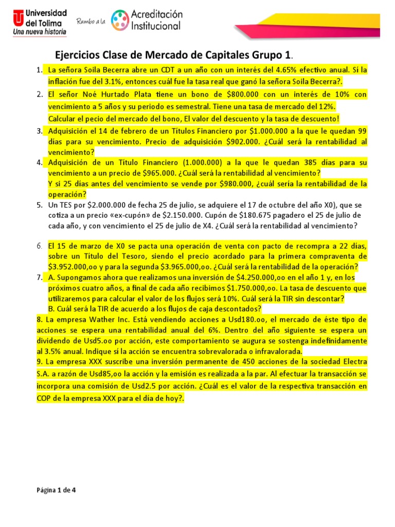 Ejercicios Mercado de Capitales Grupo 1-2021!09!15 | PDF | Compartir ...