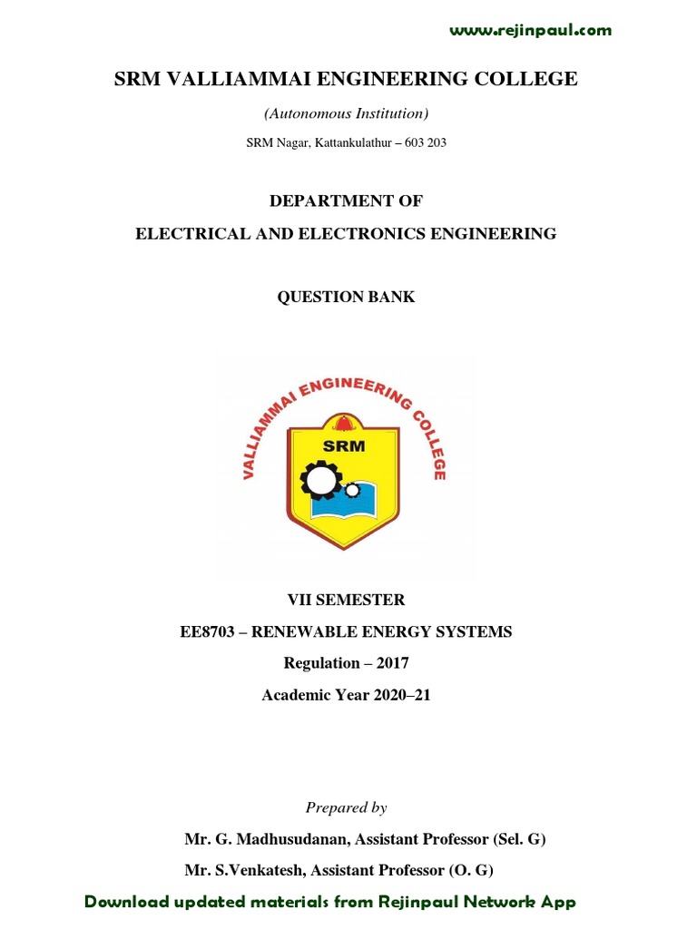 Renewable Energy Systems Question Bank | PDF | Solar Power | Wind Turbine