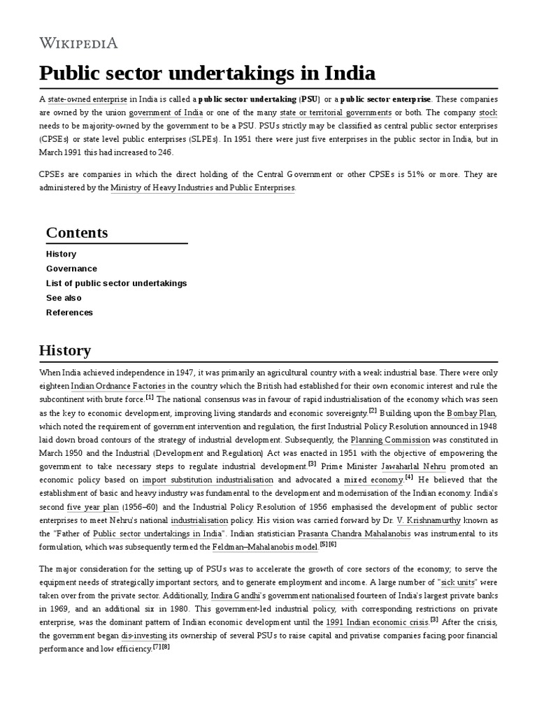 Public Sector Undertakings In India Pdf Government Of India