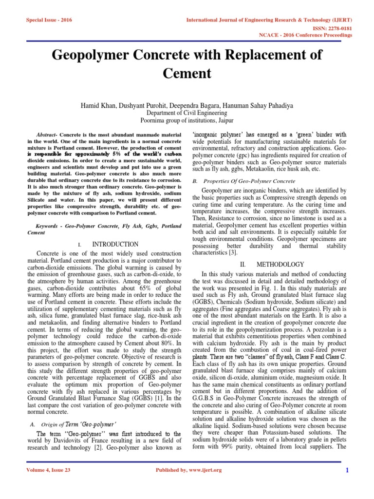 Geopolymer Concrete With Replacement of Cement IJERTCONV4IS23056 | PDF ...