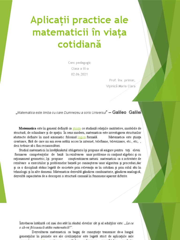 Aplicații Practice Ale Matematicii În Viața Cotidiană | PDF
