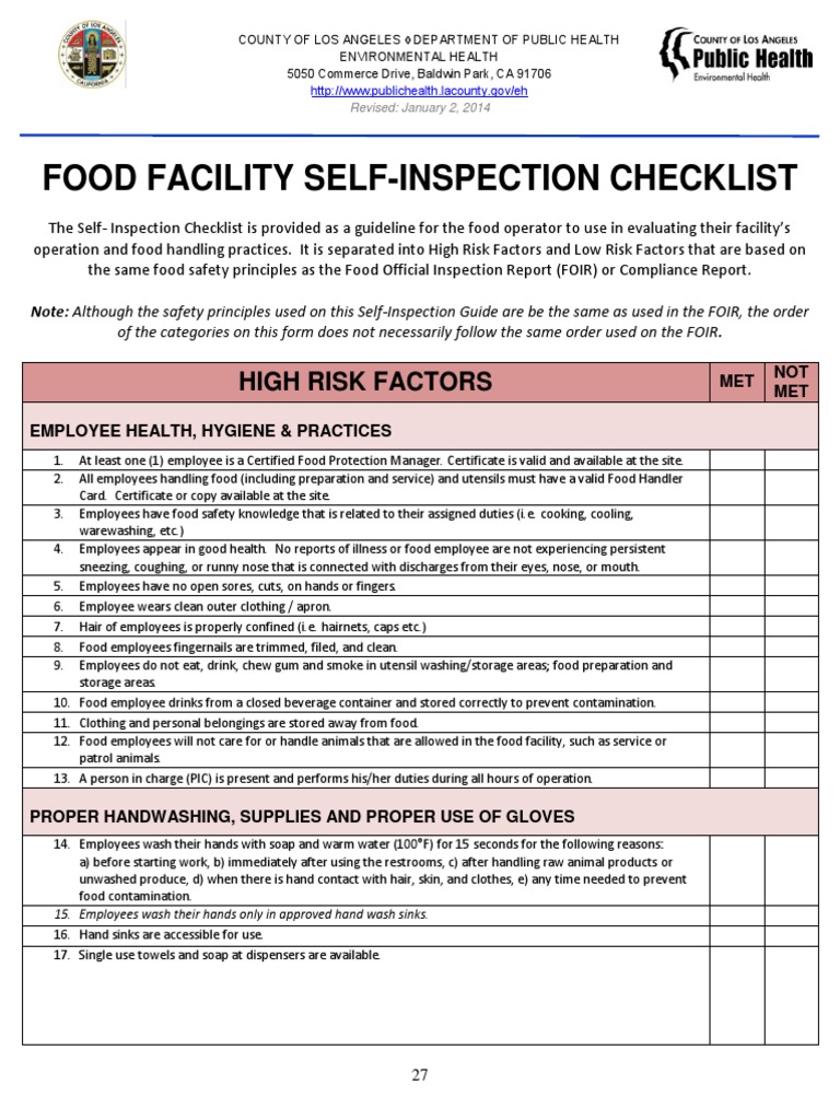 Food Facility Self-Inspection Checklist | PDF | Foods | Public Toilet