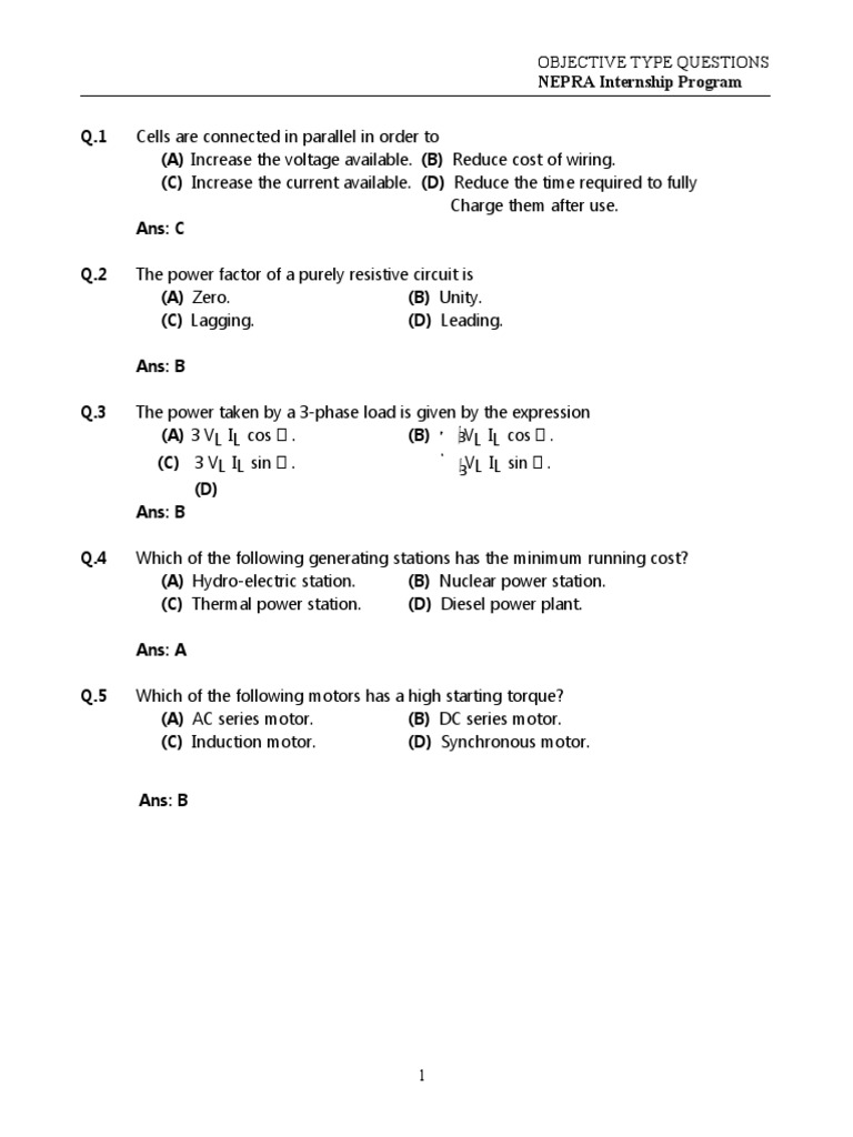 Electrical MCQs PDF Electric Motor Transformer