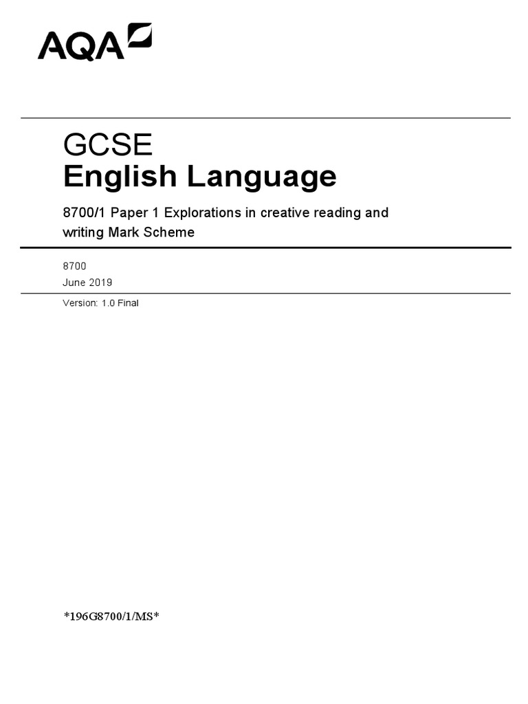 English Language 8700/1 Paper 1 Explorations in Creative Reading and Writing Mark Scheme