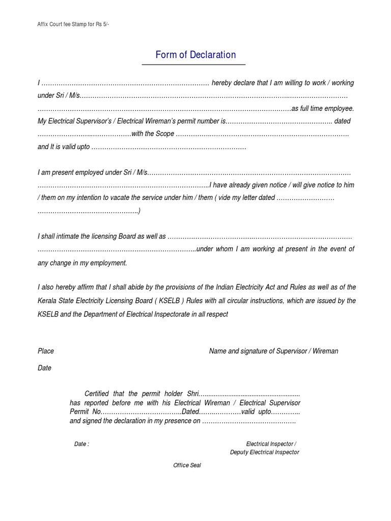 Electrical Supervisor Declaration Form | PDF | Finance & Money ...