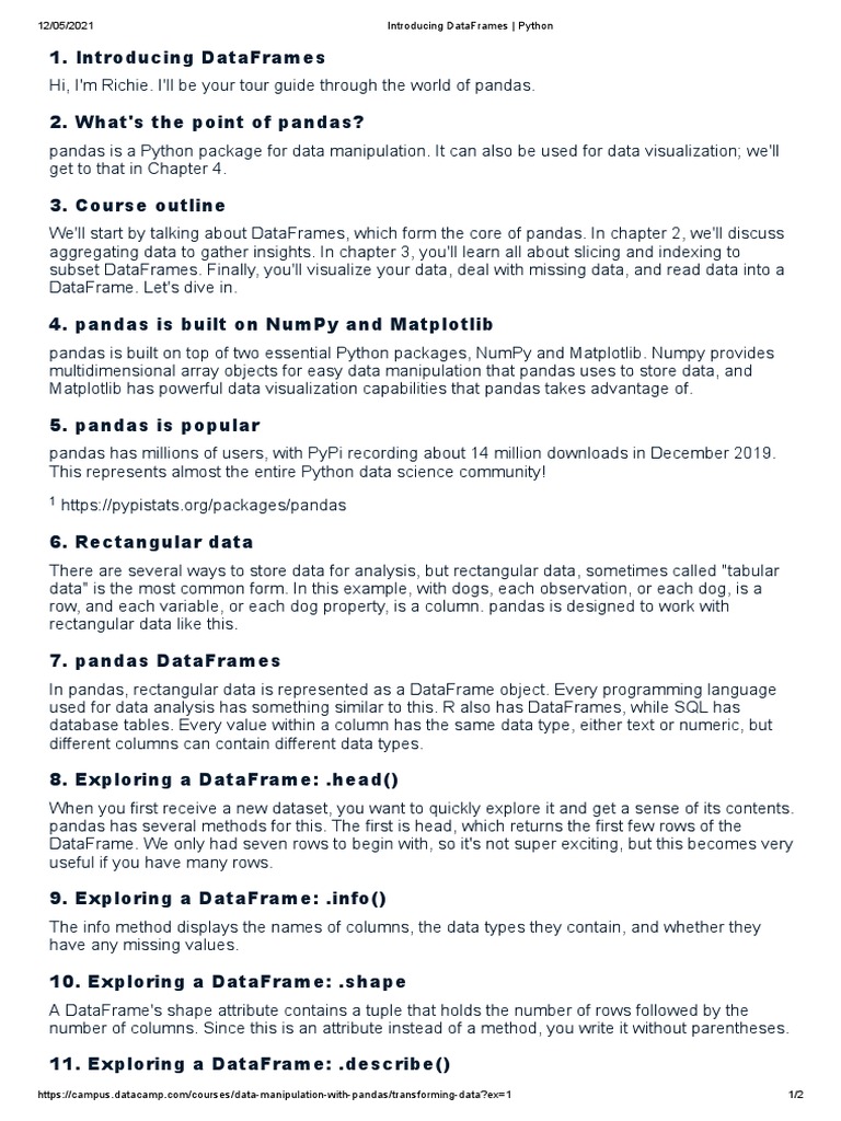 Understanding Pandas DataFrames Basics | PDF | Database Index | Array ...