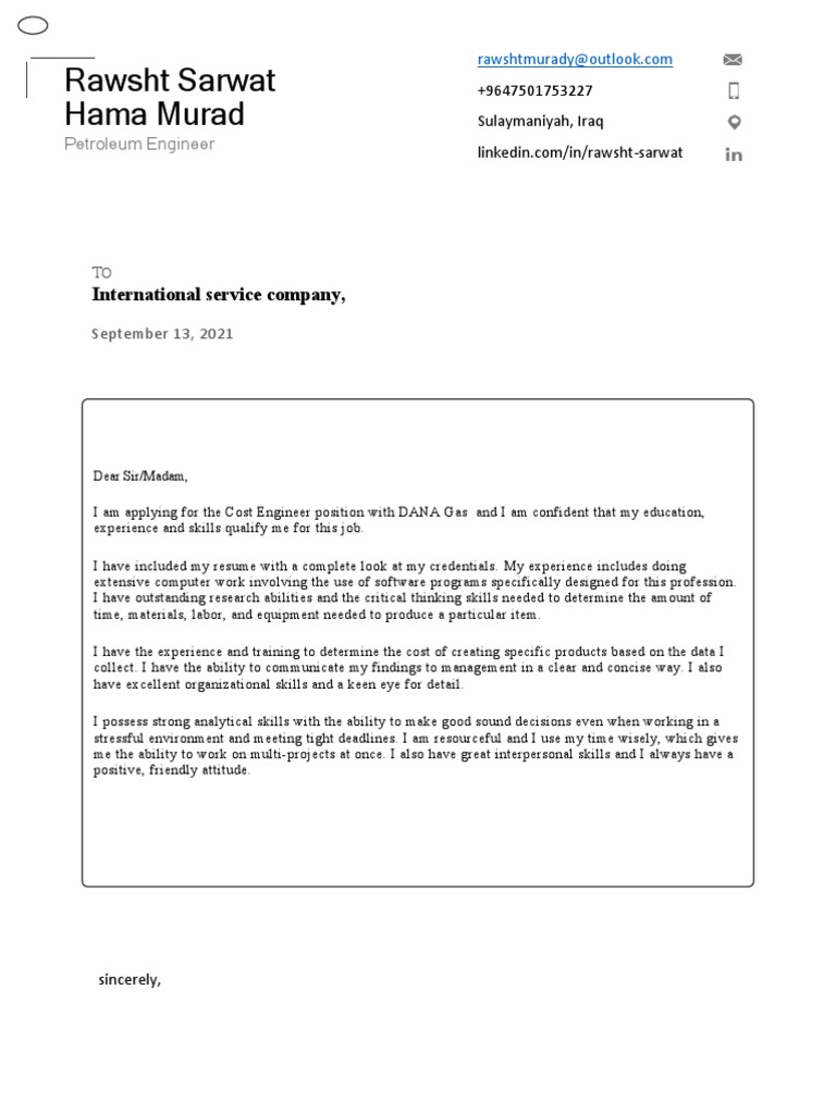 Cost Engineer Cover Letter PDF