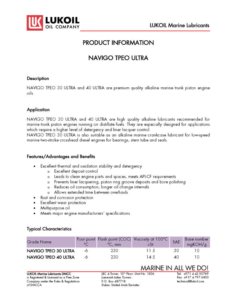 LUKOIL Marine Lubricants Product Info on NAVIGO TPEO ULTRA Engine Oils PDF Motor Oil Lubricant