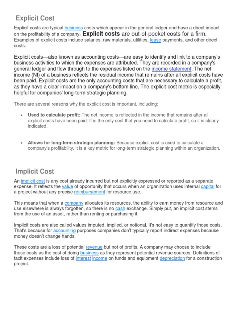 Explicit vs Implicit Costs Explained | PDF | Profit (Economics) | Opportunity  Cost