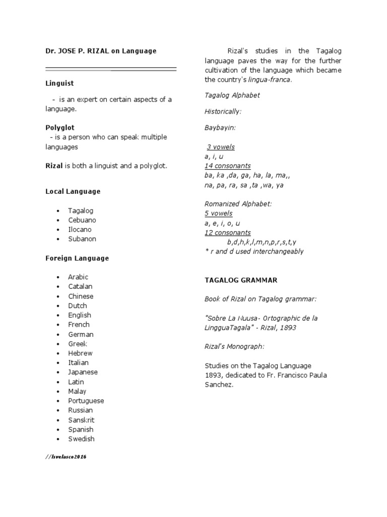 Rizal: The Polyglot Linguist | PDF | Tagalog Language | Cognition
