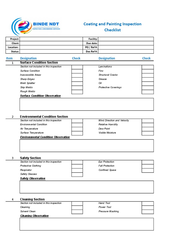 Coating & Painting Inspection Checklist PDF Abrasive Coating