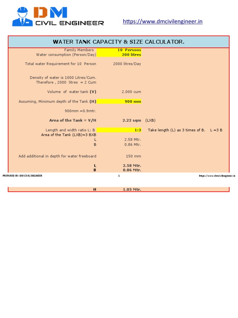 Water Tank Size and Capacity Calculator. PDF