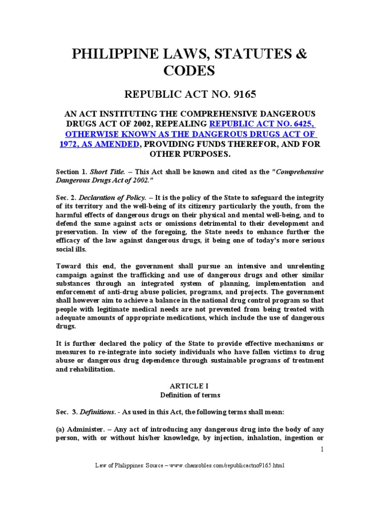 Comprehensive dangerous drugs act of 2002 republic act no 9165
