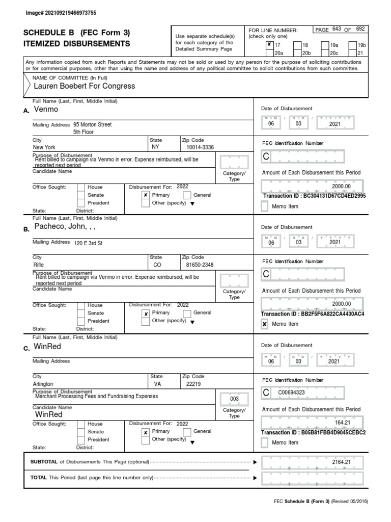 Lauren Boebert For Congress: Schedule B (Fec Form 3) Itemized ...