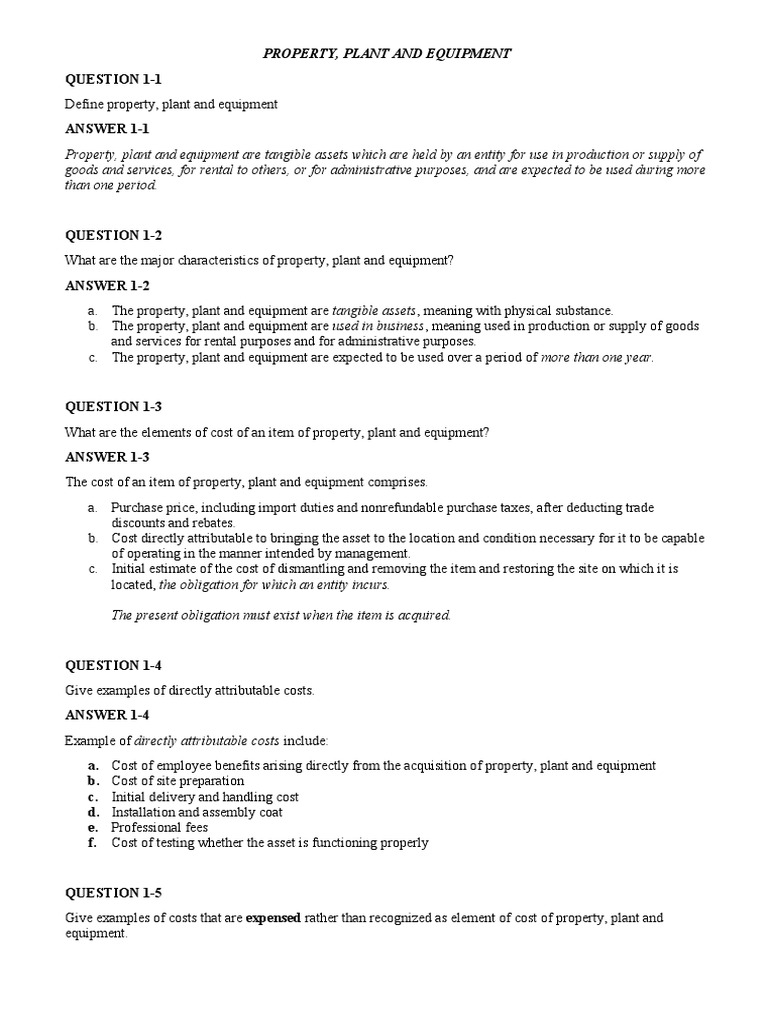 Questions and Answers PPE PDF Fixed Asset Cost