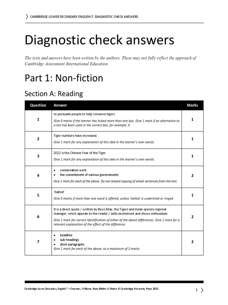 Diagnostic Check Answers: Part 1: Non-Fiction | PDF | Cognition ...