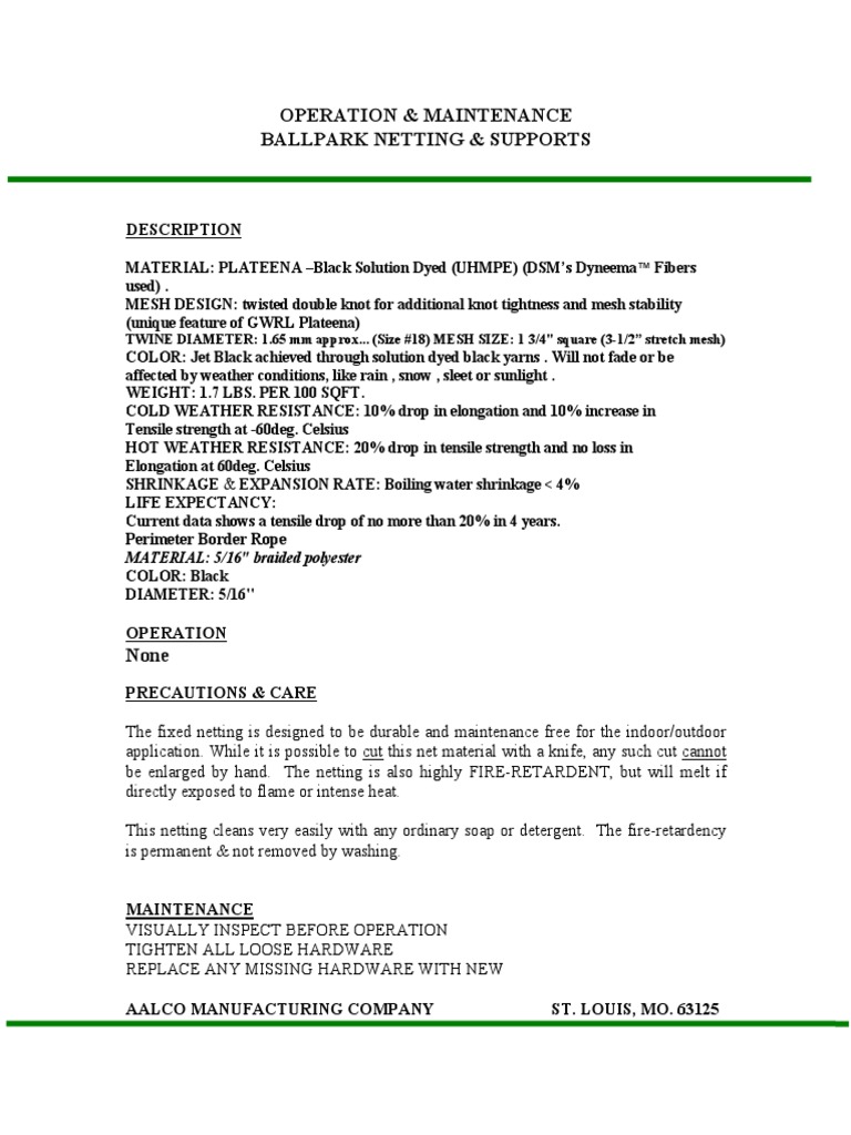 Ballpark Netting Specs & Care | PDF