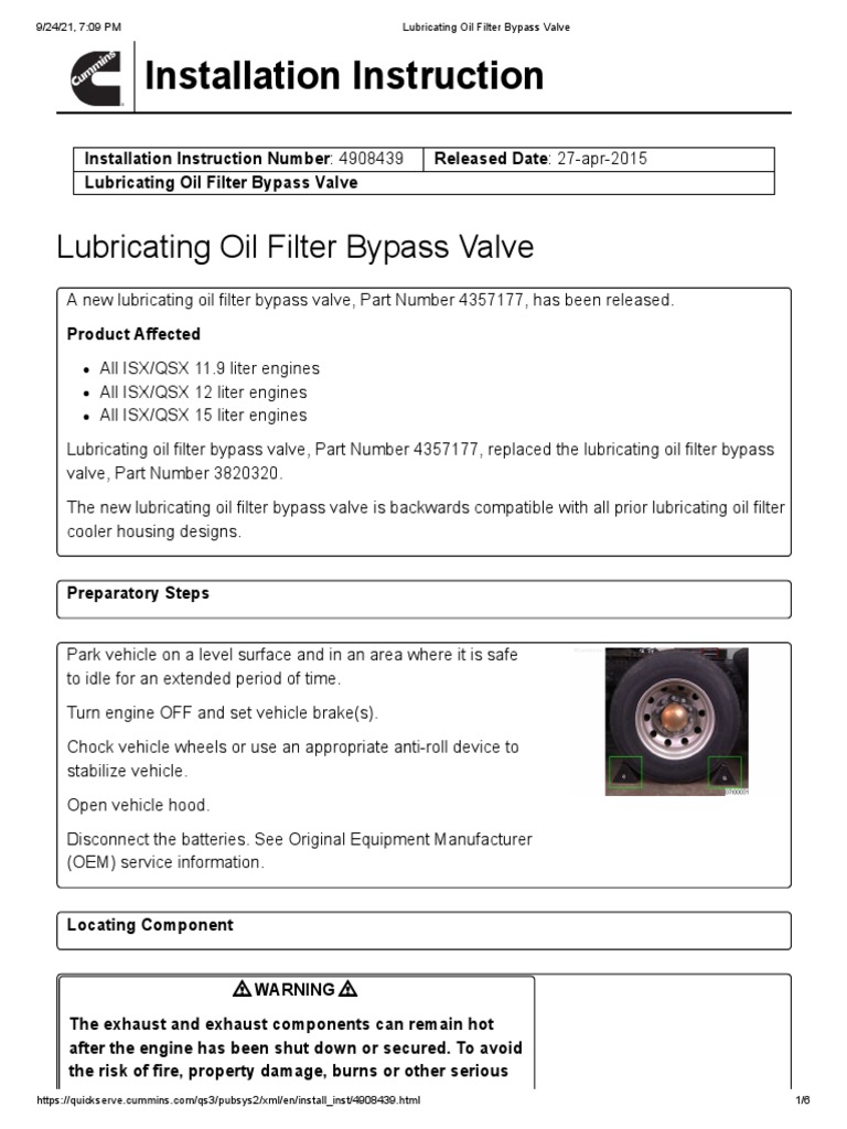 Installation Instruction Lubricating Oil Filter Bypass Valve PDF