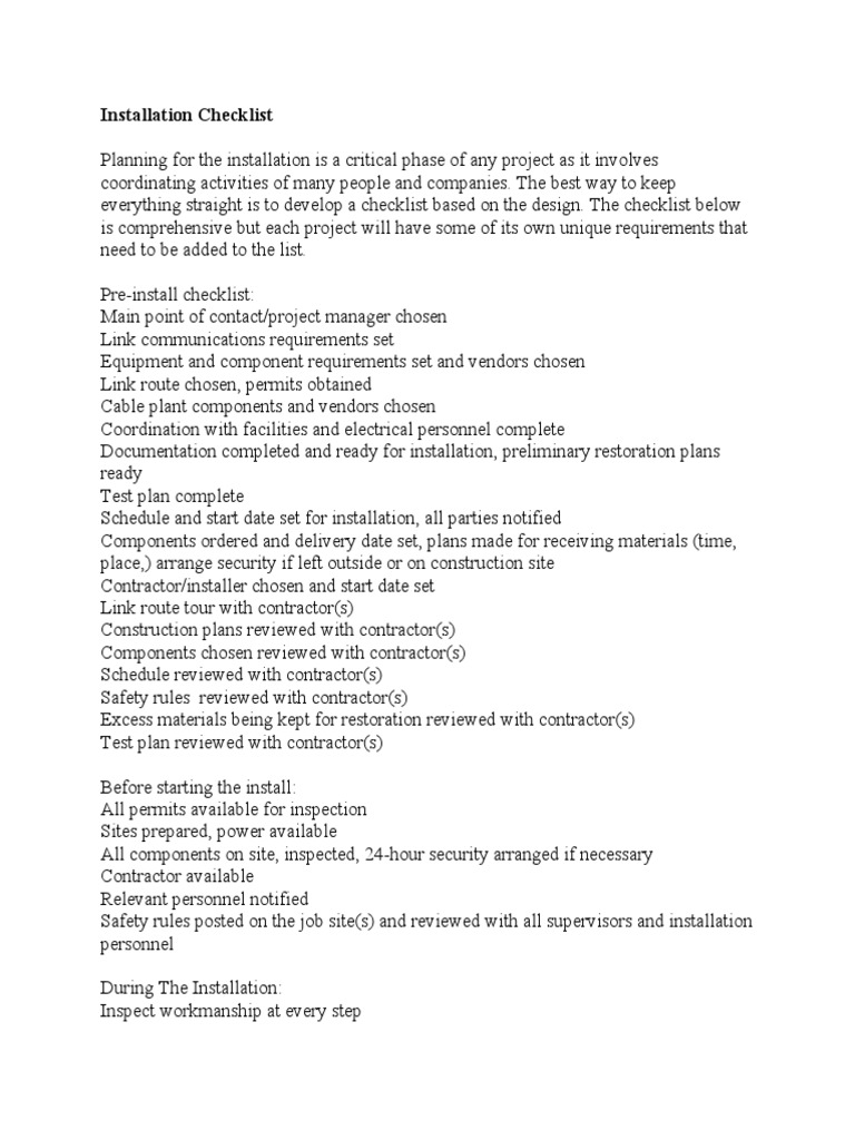 Fiber Optic Installation Checklist | PDF | Optical Fiber | Cable Television