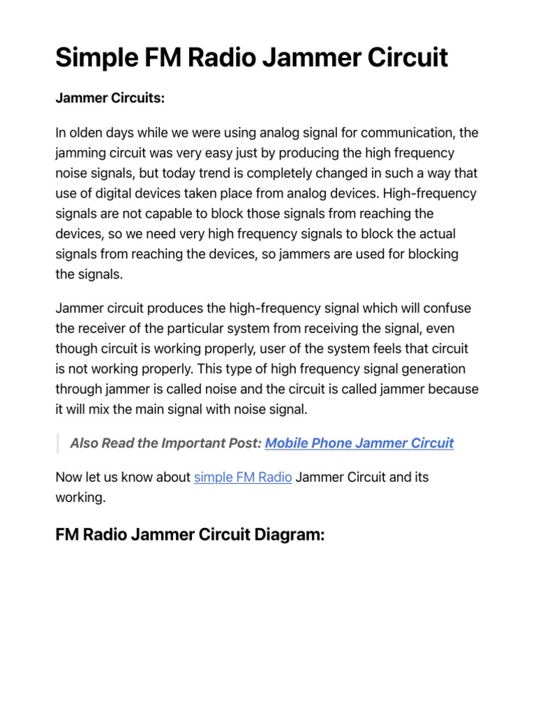 Simple FM Radio Jammer Circuit Working and Applications Circuit Diagram