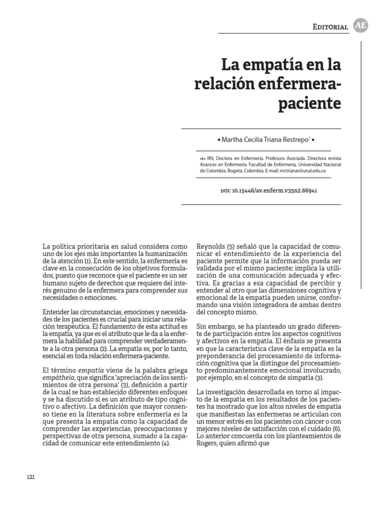 La Empatia En La Relacion Enfermera Paciente Descargar Gratis Pdf