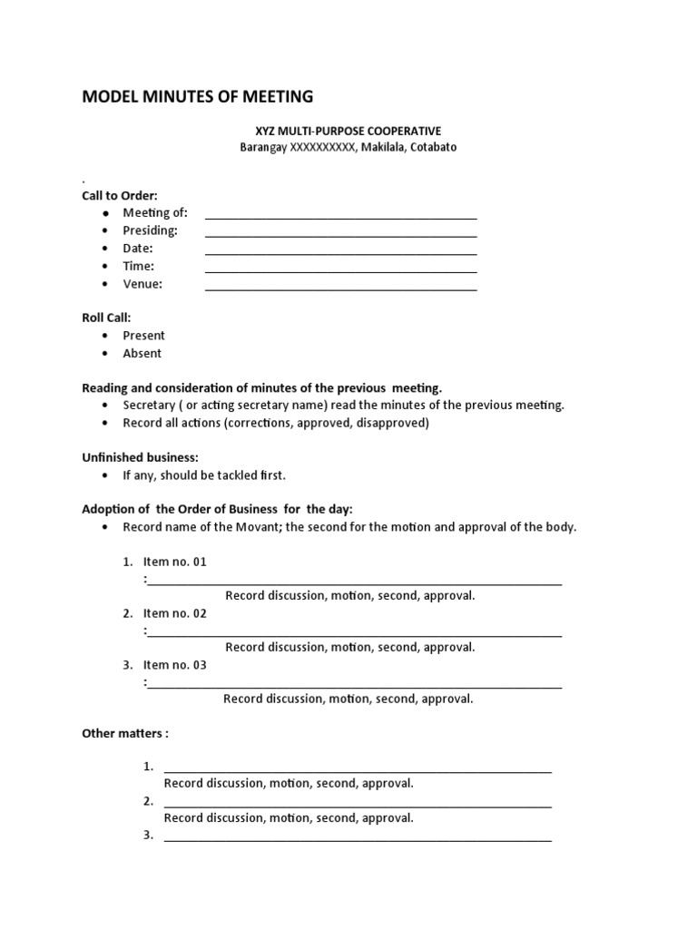 Model Minutes of Meeting Call To Order PDF Government Public Law