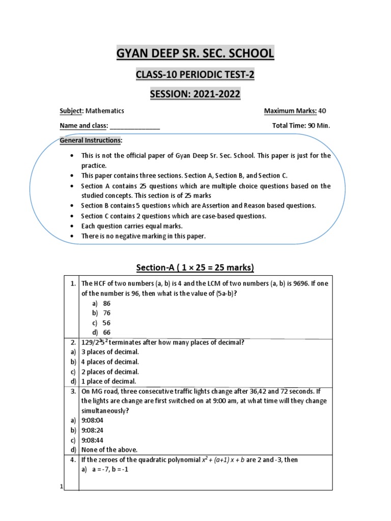 Class 10 Maths Periodic Test 2 Paper | PDF | Area | Equations