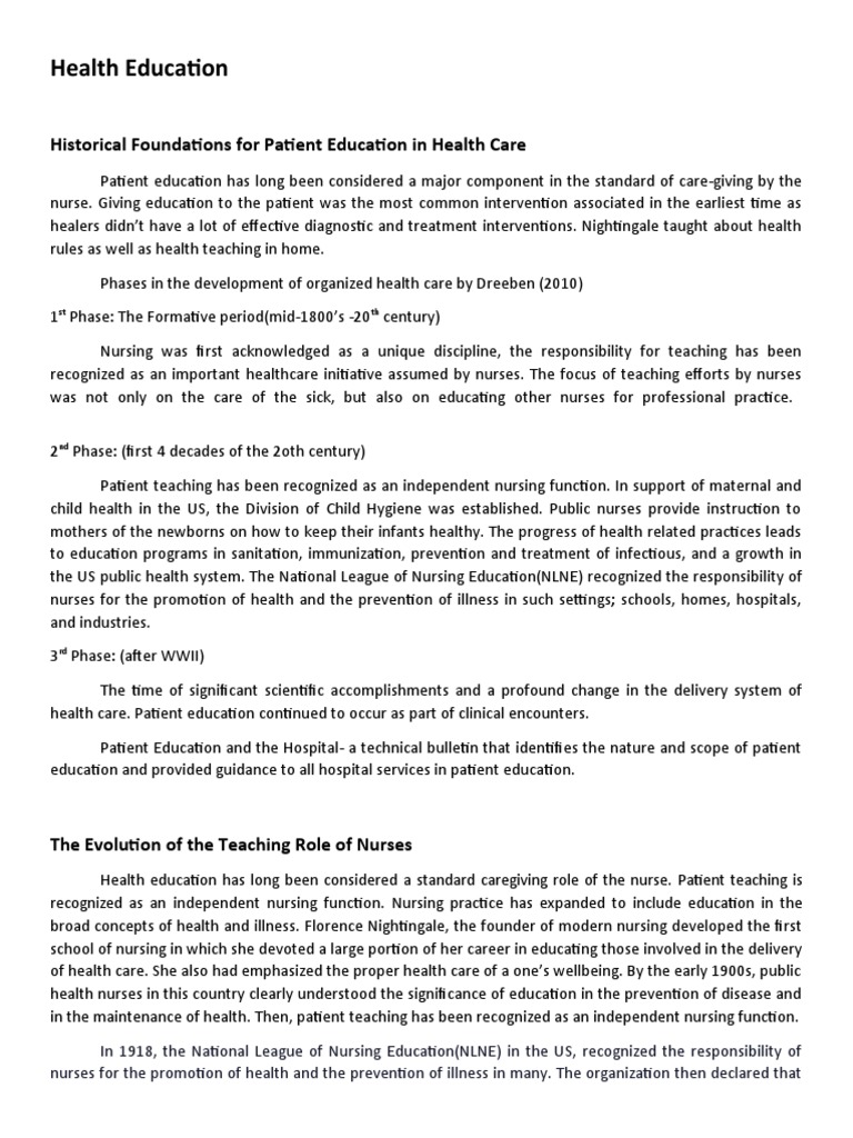 Health Education Historical Foundations For Patient Education In