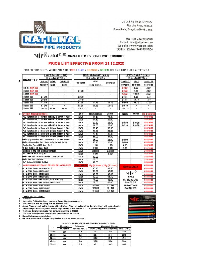 Price List Effective From 21.12.2020 Marked F.R.L.S Rigid PVC Conduits