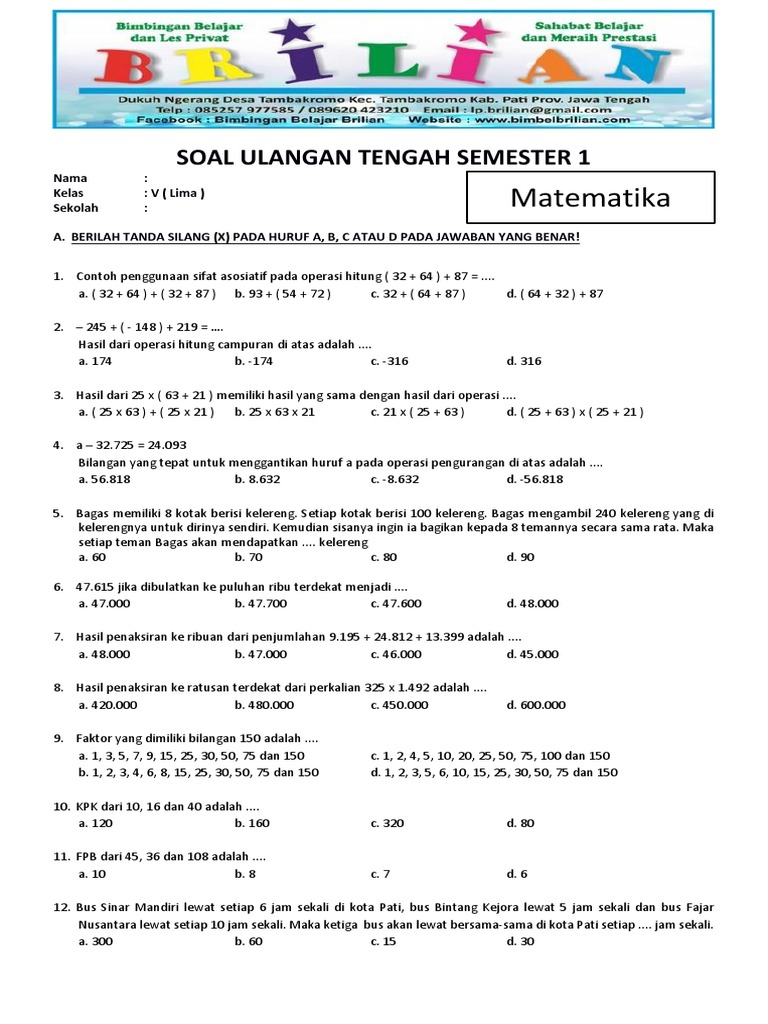 Soal UTS Matematika Kelas 5 SD Semester 1 (Ganjil) Dan Kunci Jawaban | PDF