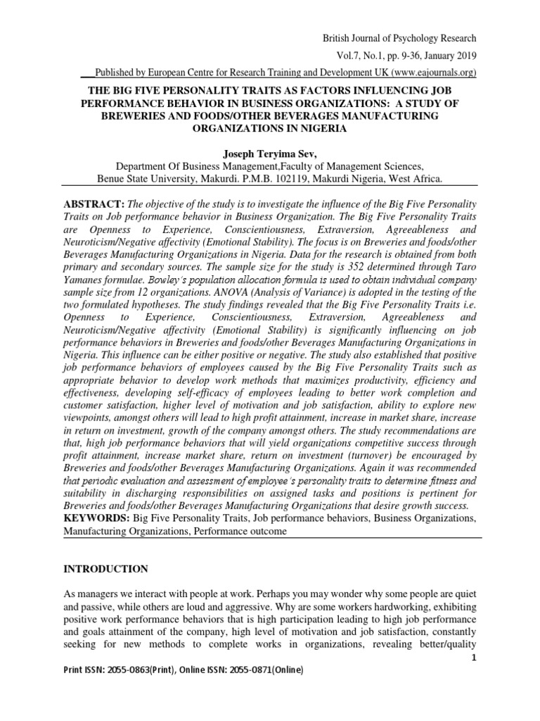 Big Five Traits Impact on Job Performance | PDF | Extraversion And ...