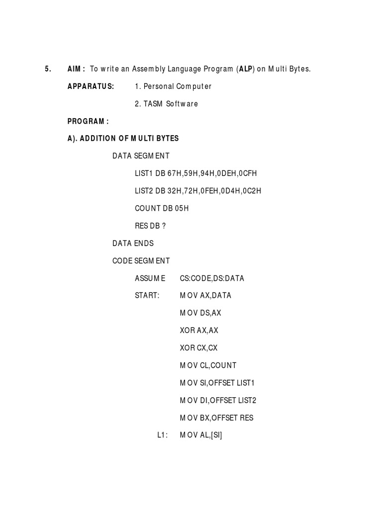 AIM: To Write An Assembly Language Program (ALP) On Multi Bytes ...