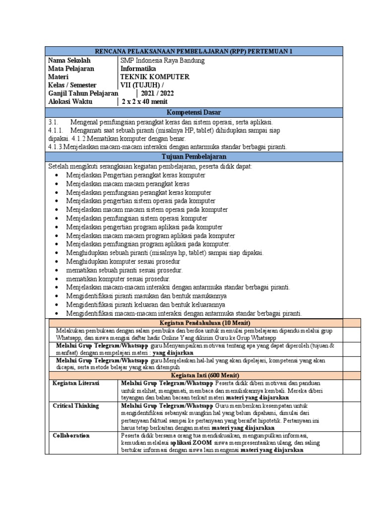 RPP Informatika Kelas 7 | PDF