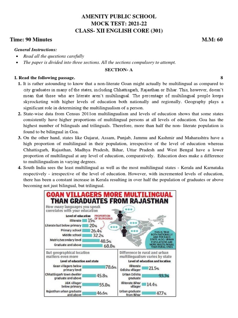 Class XII English Core Mock Test 2021-22 | PDF | Multilingualism