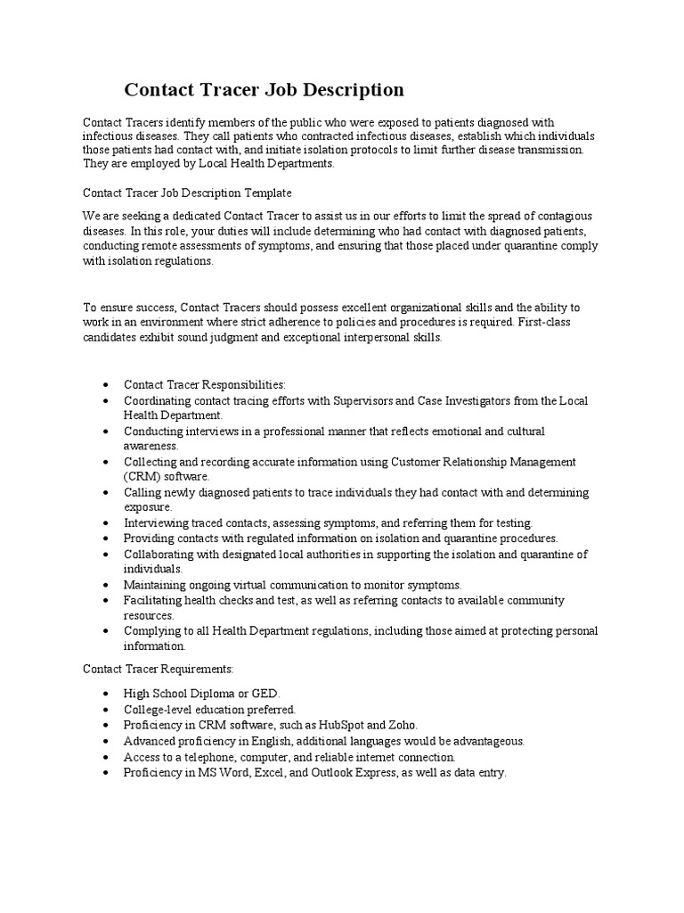 Contact Tracer Job Description PDF Infection Health Sciences