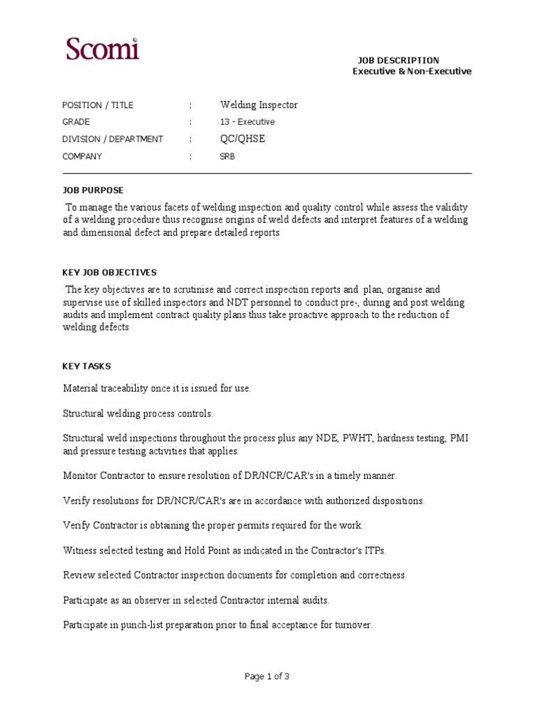 Welding Inspector Job Description PDF Skill Nondestructive Testing