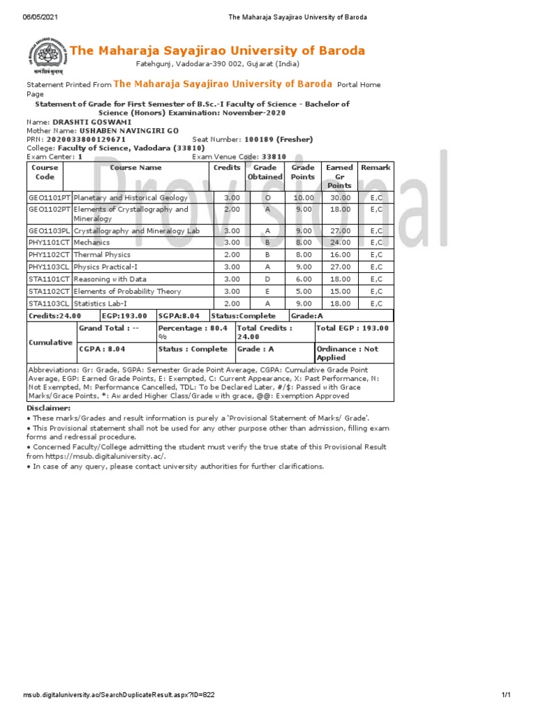 The Maharaja Sayajirao University of Baroda - PDF Sem 1 Result | PDF ...
