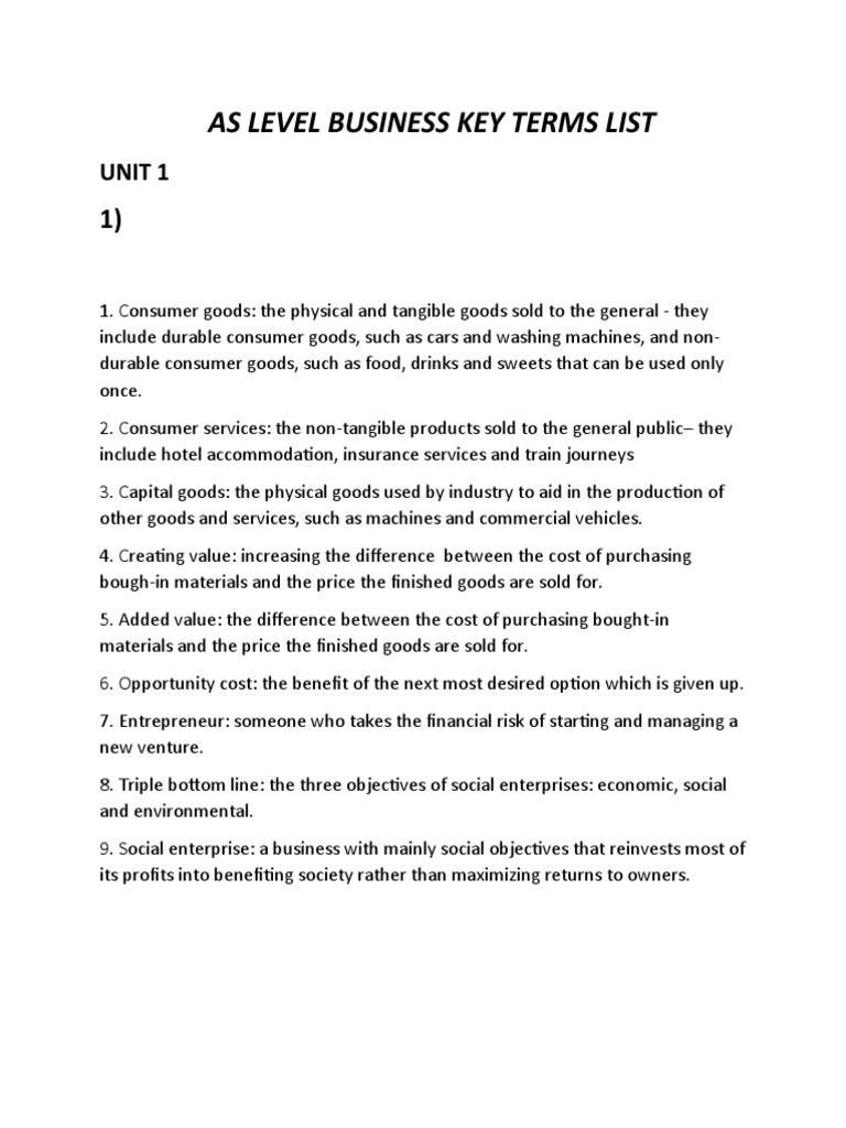 Business As Level Key Terms List | PDF | Business | Goods