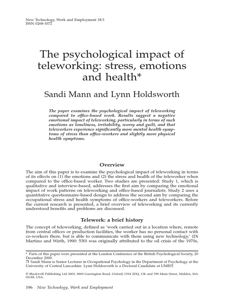 2003 - The Psychological Impact of Teleworking, Stress, Emotions and ...