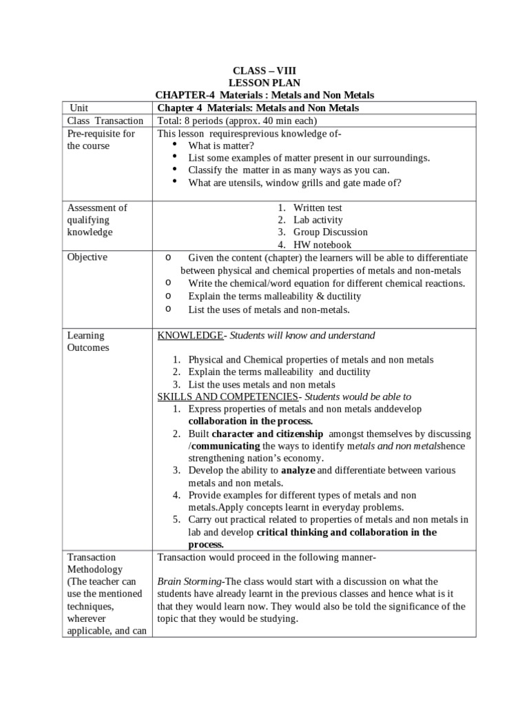 Class - Viii Lesson Plan CHAPTER-4 Materials: Metals and Non Metals ...